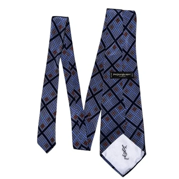 Yves Saint Laurent Paris Designer Blue Burgundy Geometric All Silk Wide Tie - Picture 4 of 4